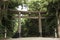 Tori gate and Lamp at Meiji-jingu temple or shrine in japanese