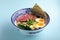 Tori paitan ramen soup with pastrami and eggs