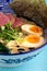 Tori paitan ramen soup with pastrami and eggs