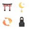 Torii, carp koi, woman in hijab, star and crescent. Religion set collection icons in cartoon style vector symbol stock