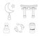 Torii, carp koi, woman in hijab, star and crescent. Religion set collection icons in outline style vector symbol stock