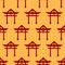 Torii gate sign. Seamless pattern with Japanese traditional gate on yellow background in red color. Symbol of Japanese Shinto