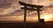 Torii gate, sunset sky in Japan with clouds, zen and spiritual history on travel adventure. Shinto architecture, Asian