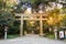 Torii, a traditional Japanese gate at the entrance of Meiji Shrine located in Shibuya, Tokyo, Japan.