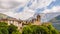 Torla Ordesa, church with the mountains at bottom, Pyrenees Spain