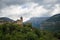 Torla Ordesa, church with the mountains at bottom, Pyrinees Spain