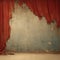 Torn, dirty theater red curtain against crumbling plaster wall backdrop