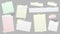 Torn white and colorful note, notebook paper strips stuck with sticky tape on dark grey background. Vector illustration