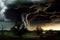 A tornado cloud is seen over a rural area. Generative AI image.