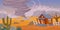 Tornado in desert. Cartoon sand storm natural disaster, desert landscape with old rustic house and air funnel. Vector