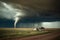 tornado funnel cloud looming over a desolate landscape