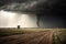 tornado funnel cloud looming over a desolate landscape