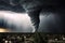 tornado funnel cloud swirling against dark stormy sky