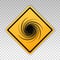 Tornado icon. Cyclone yellow sign. Spiral tornado. Blow hurricane. Tropical storm. Road warning. Alert symbol isolated on backgrou