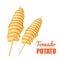 Tornado potato on wooden stick, fried crispy spiral chips a vector illustration.