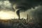 Tornado storm hits city, hurricane twister destroying buildings, generative AI
