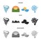 Tornado, sunrise, cloudiness, snow and frost. The weather set collection icons in cartoon,black,monochrome style vector