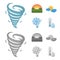 Tornado, sunrise, cloudiness, snow and frost. The weather set collection icons in cartoon,monochrome style vector symbol