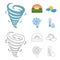 Tornado, sunrise, cloudiness, snow and frost. The weather set collection icons in cartoon,outline style vector symbol