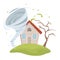 Tornado swirl damaging rustic house and tree storm hurricane disaster near village dwelling
