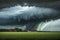 Tornado touching down with lighting strikes and severe weather in a big field