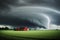 Tornado touching down with lighting strikes and severe weather in a big field