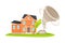 Tornado or Whirlwind Causing Damage to Residential House Vector Illustration