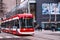 TORONTO, CANADA - 01 04 2020: A new Bombardier made streetcar in front of Four Seasons Centre for the Performing Arts