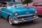 TORONTO, CANADA - 08 18 2018: Gorgeous blue 1956 Chevrolet Bel Air convertible oldtimer car on display at the open air auto show