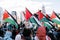 Toronto, Canada - 28 October 2023: A sea of protestors waving Palestinian flags gathers in an urban setting with a