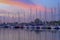 Toronto marina with many boats at sunset