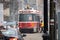 Toronto, Ontario - December 2, 2019 : A TTC service worker getting on a CLRV Canadian Light Rail Vehicle on a snowy winter day