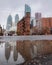 Toronto, Ontario - November 18, 2019 : The Gooderham Building Flatiron, a Romanesque style building on a rainy day