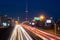 Toronto, Ontario - November 26, 2019 : Light trails from cars driving on the Gardiner Expressway, looking towards downtown Toronto