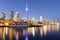 Toronto skyline at dusk with colorful reflections