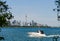 Toronto skyline and a power boat