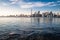 Toronto Skyline and swans swimming on Lake Ontario - Toronto, Ontario, Canada