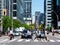 Toronto University Avenue streetscape and urban scene with red streetcar