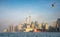 Toronto waterfront early morning panoramic view of downtown with fog over the Ontario lake