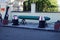 A torpedo, two floating mines and a huge anchor stand in front of the checkpoint of a military unit of the Russian Navy.