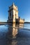 Torre de Belém on the banks of the Tagus, historic watchtower in the sunset