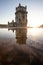 Torre de Belém on the banks of the Tagus, historic watchtower in the sunset