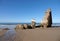 Torre del Loro Mazagon ruin at Playa de Rompeculos beach in Mazagon, Spain