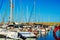 TORREDEMBARRA, SPAIN - SEPTEMBER 10, 2017 Luxury boats in marina bay Torredembarra, Costa Daurada, Spain