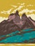 Torres Del Paine National Park from Lake Pehoe in Chile WPA Art Deco Poster