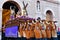 Torrevieja, Spain - April 7, 2023: costaleros carrying float paso during Holy Week procession in Torrevieja, Spain
