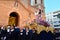 Torrevieja, Spain - April 7, 2023: costaleros carrying float paso during Holy Week procession in Torrevieja, Spain