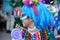 TORREVIEJA, SPAIN FEBRUARY 12, 2023: Close up portrait of a girl in a colorful carnival costume at a festive parade, Alicante