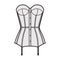 Torsolette basque bustier lingerie technical fashion illustration with molded cup, back laced, attached garters. Flat