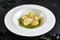 Tortellini with Shrimps or Seafood Ravioli, Young Zucchini Ragout Top View